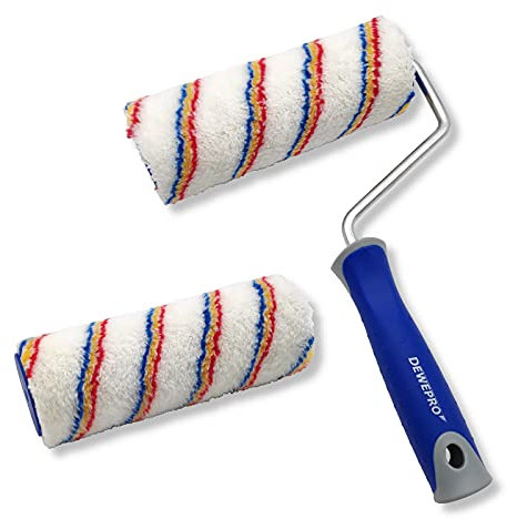 DEWEPRO 18cm Farbroller inkl. Steckbügel mit ergonomischem 2-Komponenten-Griff und Ersatzwalze - kurzflorige Farbwalze geeignet für Acrylfarbe, Latexlacke und Farben auf Wasserbasis