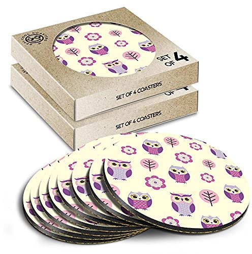 8 x Eco Boxed Cork Coasters - Purple Pink Owl Pattern Forest Drink Cup Mug Glass Table Mat #46227