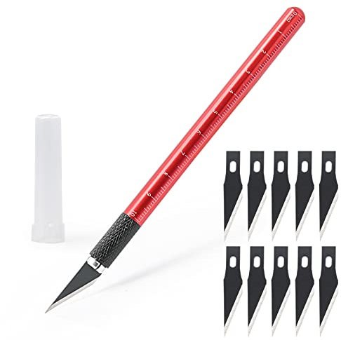 EHDIS Taglierino di precisione con 10 lame di olio antiruggine, Bisturi Modellismo, Cutter di Precisione con Scala, per Lavoro Artistico Fai Da Te Taglio, Scultura, Rosso
