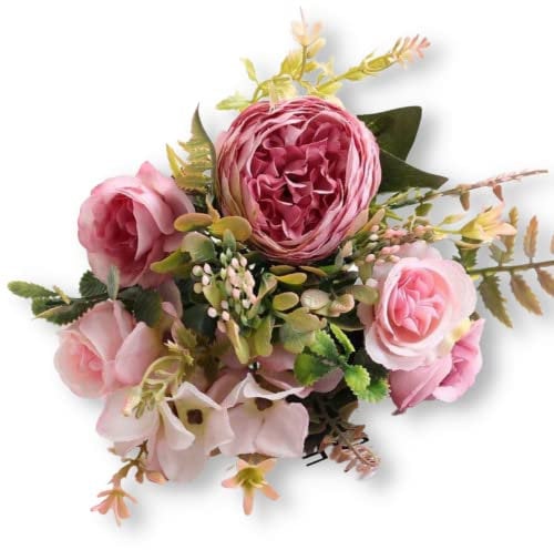 The Baked Studio – Silk Artificial Flower Bouquet (Peony Rose Hydrangea Foliage) – Realistic Fake Plant for Cake Decoration, Home Décor, Weddings, DIY and Crafts (Pink)