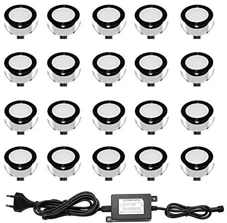 CHNXU 20er Set LED Einbaustrahler Bodeneinbaustrahler Blau 12V Ø30mm 0,6W 9LM Terrassenbeleuchtung Außen IP67 Wasserdichte LED Treppen Beleuchtung für Garten Holzbrücke Pool Holzdeck, Schwarz