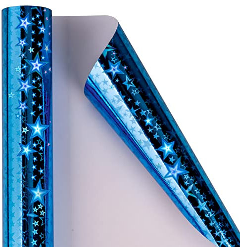 Holijolly Papier Cadeau Holographique Bleu - Mini Rouleau - Imprimé Étoile Pour Anniversaire, Vacances - 44Cm X 10M