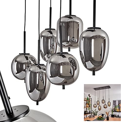 Pendelleuchte Verbania, moderne Hängelampe aus Metall/Glas in Schwarz/Rauchfarben, Hängeleuchte m. verstellbaren Schirmen aus Glas (Ø 16 cm, 18 cm), Höhe max. 128 cm, 6-flammig, E14, ohne Leuchtmittel