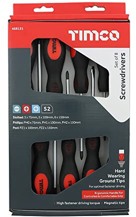 TIMCO Screwdriver Set - Assorted Sizes - 8 Screwdrivers - Ergonomic Handles for an Extra Soft Grip - Magnetic Tips to Assist with Easy Installation - S2 Hardened Carbon Steel, Silver