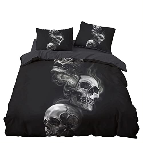 WQIZXCW Totenkopf Bettwäsche 200x220, Gothic Schwarz Microfaser Bettbezug Set 3 Teilig - Weich & Angenehm & Atmungsaktiv, 1 Bettbezüge mit Reißverschluss + 2 Kissenbezug 80x80 cm