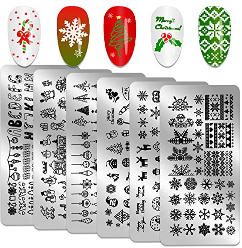 HOWAF 6 Weihnachten Nagel Stempel Weihnachten Nagelstempel Schablonen Schneemann Weihnachtsbaum Schneeflock Weihnachten Nail Stamp Weihnachts Nagel Stamping Set Nail Art Metallplatten Schaber Stamper