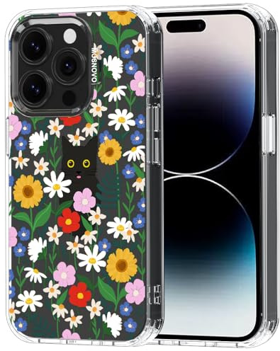 MOSNOVO Case for iPhone 14 Pro, [Buffertech 6.6ft Military-Grade Drop Protection] [Anti Peel Off Tech] Clear TPU Bumper Phone Case Cover Design - Black Cat in Garden