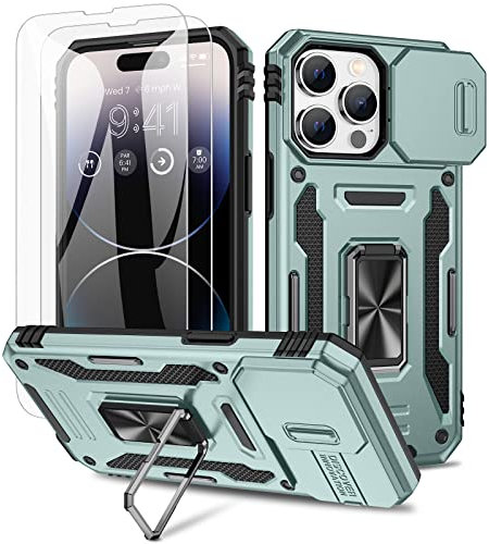 Doeshine for iPhone 14 Pro Max Case, 2 Pack Screen Protector, with 360°Rotate Ring Kickstand & Slide Camera Cover, Military Drop Protection, Shockproof Case for iPhone 14 Pro Max Case (Green)