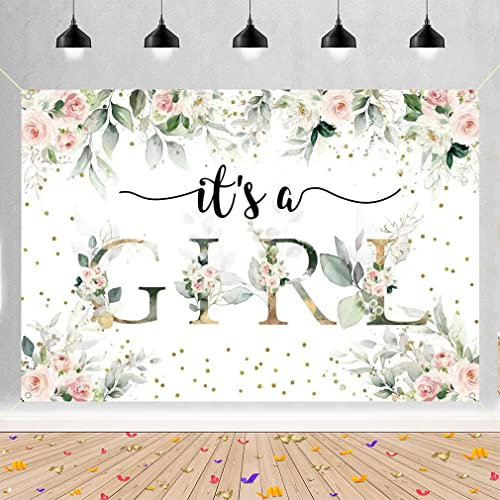 It's a Girl Babydusche Hintergrund Grünes Blatt Rosa Blumen Baby Shower Fotografie Hintergrund Blume Baby Mädchen Party Dekorationen Party Banner Stoffschild Plakat