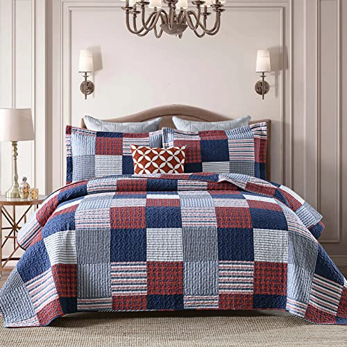 Finlonte King-Size Steppdeckenset – 100 % Baumwolle, Karomuster in Blau, Rot und Weiß, Landhausstil, leicht, wendbar, Ganzjahres, 3-teilig