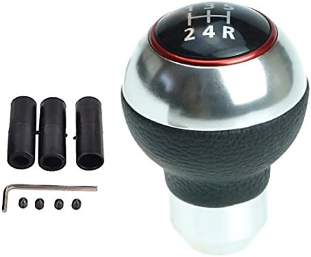 Universal Schaltknauf rund, Chrom-Look, roter Ring - Schwarz mit 3 Adaptern - 5 Gang