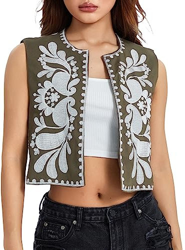 Caziffer Gilet Brodé sans Manches Femme Léger Chic Décontracté (Armée Verte, S)