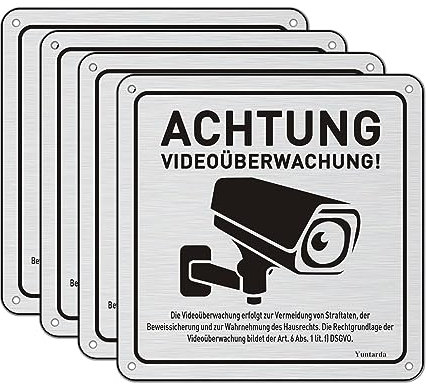 Lot de 4 panneaux de vidéosurveillance avec avertissement DSGVO - En aluminium - Avec autocollant et 4 trous de perçage - 15 x 15 cm