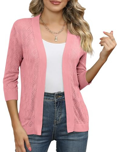 Bettysays Cardigan da donna con maniche a 3/4, aperto sul davanti, leggero, ritagliato, cardigan, maglione, scava fuori coprispalle in maglia per abiti, A-08 Rosa antico, L