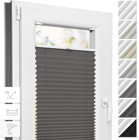 Estika Thermo-Plissee mit Bohren - 35 cm x 120 cm - Farbe: Grau - Plissee Blickdicht, Fensterrollos für innen, Verdunkelungsplissee, Rollos für Fenster
