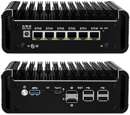 PeeliCeeli N100 Mini PC Firewall Support OPNsense, Fanless Micro Computer DDR5 32 GB RAM 2 TB NVMe SSD N100 12th Gen Fanless PC, 6 x 2.5GbE I226V LAN, 4K, AES-NI, TF, Type-C