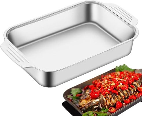 Teksome Plaque de cuisson plate en acier inoxydable | Poêle à poisson rectangulaire avec couvercles, plateau en métal pour fruits de mer, plateaux de barbecue avec poignées, poêle à griller pour dîner
