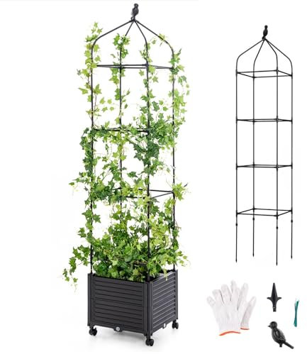 COSTWAY Raised Garden Bed with Trellis, 3 Height Adjustable Rolling Planter Box with Self-Watering System & Wheels, 210cm Garden Obelisk Trellis Supports Tower for Climbing Plants