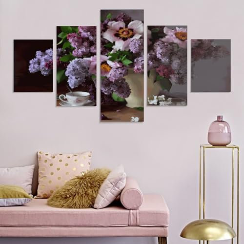 aaaaab Wandkunst, violette Flieder, Bilder, Gemälde auf 5-teiliger Leinwand, Wandkunst, moderne Leinwanddrucke, fertig zum Aufhängen, 50 x 26 Zoll