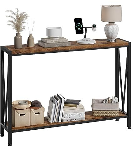 Table console étroite en bois - 110 x 25 x 76 cm - Avec espace de rangement - Table basse en bois et métal avec étagère - 2 niveaux - Table d'appoint pour entrée, salon - Vintage
