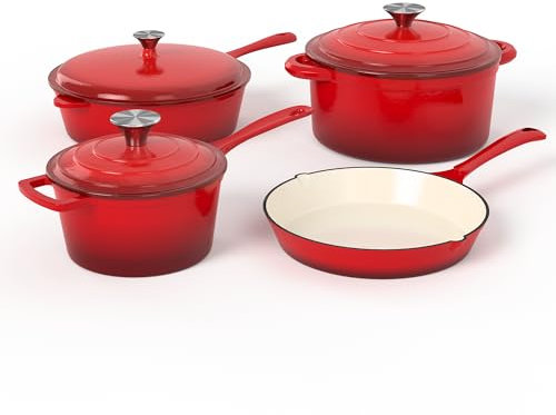 MAISON ARTS Enamel Cast Iron 7 Piece Cookware Set, Heavy Duty Dutch Ovens Pot with Lid, Red Non Stick Pots and Pans Sets, Oven Safe up to 500°F