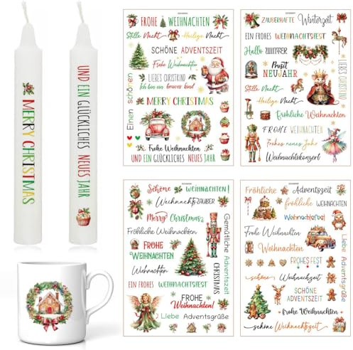 4 Bögen Aufkleber für Weihnachtskerzen, Tattoos für Kerzen und Weihnachtsdekorationen Aufkleber