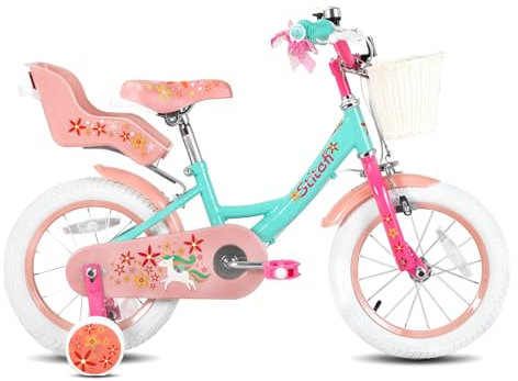 STITCH Einhorn 16 Zoll Kinderfahrrad für 5-7Jahre Mädchen, Kinderfahrrad mit Puppenfahrradsitz & Stützrädern& Korbstreamer, Grün