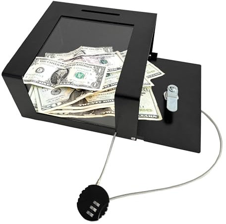 Steel Locking Tip Box - Heavy-Duty Secure Tip Jar with Combination Cable Lock, Ideal for Taxi Tips, Donations, Suggestions, Business Cards, Cash, and More in Family Churches, Restaurants, and Events.
