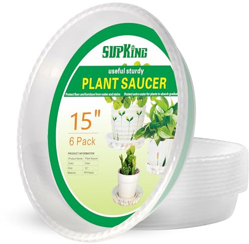 SupKing Large Plant Saucers Drip Tray 6 Pack, 6 8 10 12 14 15 Inch Heavy Sturdy Plastic Flower Pot Saucers for Indoor,Clear Plastic Planter Water Tray for Plant Pots Liners (15''-Clear)