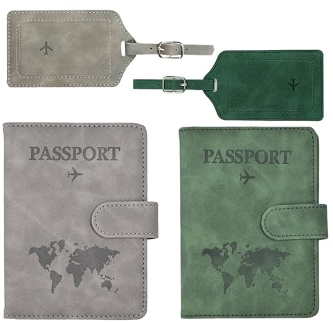 Lguaquanx 2 Pièces Porte-Passeport Housse et 2 Pièces Étiquettes à Bagage Set, Protege Passeport pour Femmes Hommes, Passeport Portefeuille de Voyage pour Cartes de Crédit Cartes D'embarquement