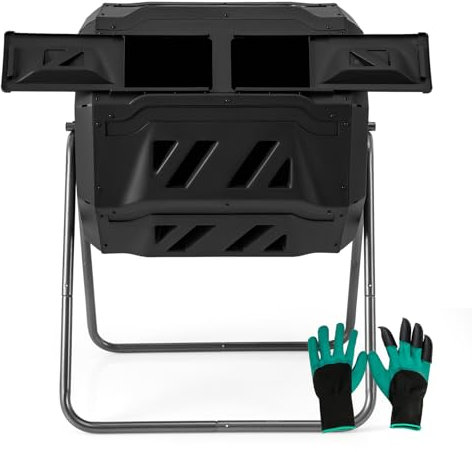 RELAX4LIFE 160L Composteur de Jardin Rotatif 360°en Métal PP sans BPA, Bac à Compost avec 2 Portes Coulissantes Gants,Double Chambre 80L pour Compostage des Déchets de Jardin Patio Extérieur (Noir)