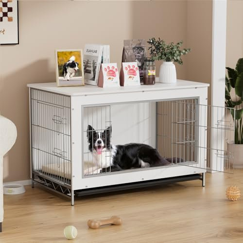 VOWNER Hundekäfig Möbel, 3 Türen Holz Hundebox für Zuhause, Moderne Hundehütte Indoor für kleine und mittelgroße Hunde unter 30 kg, als Beistelltisch für Wohnzimmer, 98 x 60 x 65 cm, Weiß