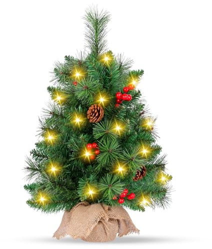 Mini Albero di Natale, 55CM Albero di Natale Piccolo con Luci Incorporate da Tavolo con Pigne e Bacche, 20 LED Luci, Alberi Natalizie Artificiale per Centrotavola Natalizio, Decorazioni Natalizie Casa