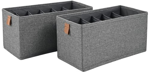 hausleben® 2er Set Aufbewahrungsbox mit 6 Fächern – Faltbare Stoffbox 30x15x15cm – Organizer für Unterwäsche, Socken, Gürtel – Leinenoptik Grau – Schubladenbox stabil