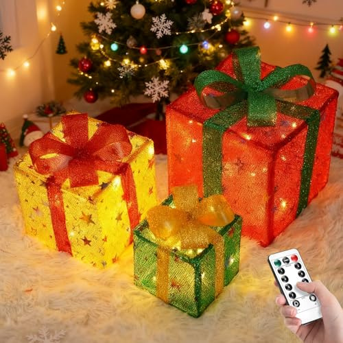 FainFun 3er Set Led Geschenke Weihnachten Deko, Geschenkboxen mit Timer und Fernbedienung, Deko Boxen mit Warmem Licht für Weihnachtsbäume, Fensterbänke, Balkone und Gärten(Dreifarbige Sterne)