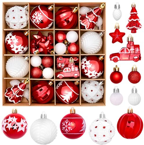 ZenithAura 42 Pezzi Decorazioni per Albero di Natale, Diversi Stili di Palline Natalizie, Palline Rosse e Bianche in plastica per Albero di Natale, Decorazioni appese per