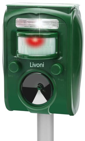 Livoni Repellente per gatti e volpi, a ultrasuoni, a energia solare, a batteria, deterrente per animali e gatti, spaventapasseri per giardini, impermeabile all'aperto con terreno