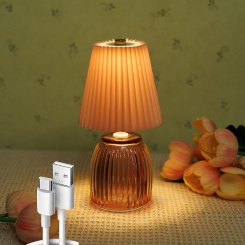 MJ PREMIER Tischlampe Kabellos Akku Pilz Timer Rosa | Tischlampe Kabellos Akku Nachttischlampe mit Timer, Plissee Leinen Glasfuß Warmweiß LED Deko Lampe für Schlafzimmer Rosa