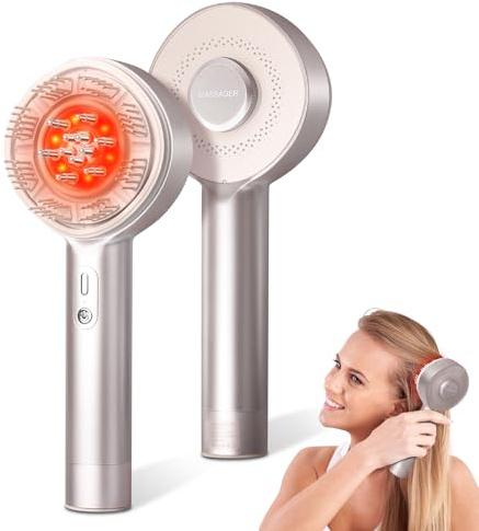 ATAUSD Kopfmassagegerät Elektrisch 4-in-1, EMS, IPX7 & Öl-Applikator, Gold | Kopfhautmassagebürste mit Rotlicht, 4 Massage-Modi, 3 EMS-Stufen, 72 Massagezähnen und 5 ölgebenden Rollen