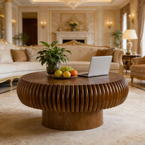 SOUWOFS Couchtisch Rund Holz, 80x80x35CM, Walnuss | Sofatisch, Runder Wohnzimmertisch Klein, Moderner Bauernhaus Beistelltische, Rustikaler Wohnzimmertisch aus Holz