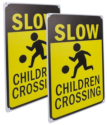CALLARON Lot de 2 Panneaux de Signalisation en Fer 30x40 Cm, Panneaux de Ralentissement « Attention Garçon et Filles Qui Traversent Lentement », Panneau de Signalisation Routière