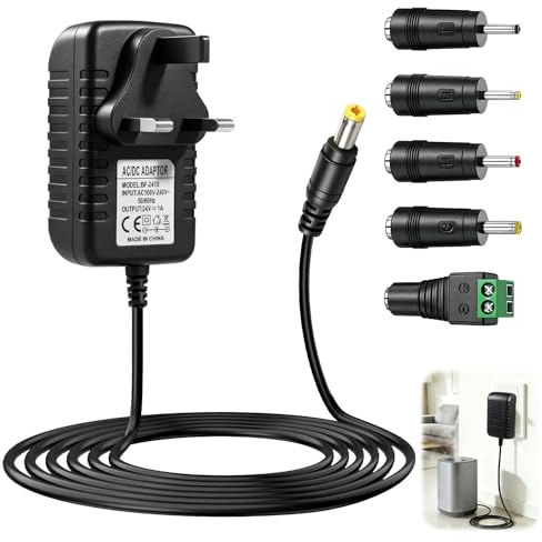 24V 1A Power Supply Adapter, AC to DC Transformer Charger with 5 Tips | DC 24W Adapter Universal Replacement for Speaker LED Strip Light CCTV Camera Nail Lamp Label Makers (5.5x2.1mm Plug)