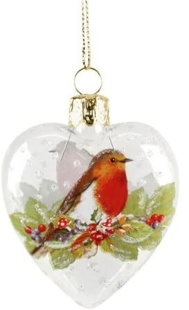 Glass Heart Christmas Tree Decoration with Snow and Robin (6.5cm)