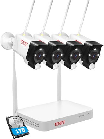 Tonton Wireless CCTV Camera System, 10CH 5MP NVR with (4) 3MP Floodlight Security Cameras, PIR Motion Detection, Full Color Night Vision, 1TB HDD Included, Floodlight & 2-Way Audio, 24/7 Recording