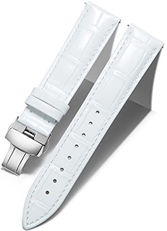 BINLUN Leder Uhrenarmband Lederarmband Ersatz Uhrenarmbänder für Herren Damen mit Silber/Gold/Roségold Schmetterling Faltschließe 12-24mm(18mm Weiß-Silber Schnalle)