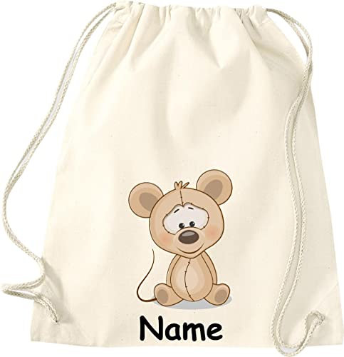 Shirtinstyle Turnbeutel Tiere Maus Mäuschen mit Wunschnamen, Beutel Tasche Hort Kita, Farbe Natur