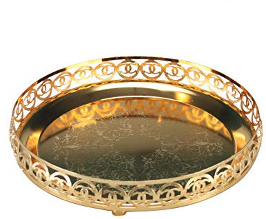 Gold Serving Tray Round Decorative Mirror Polished Paandan Tray Plated Engraved Tray Centrepiece Tealight Candles Plate Tea Fruit Platter Snacks Cupcake Drinks Serving Tray 23cm (Style 3 - Gold)