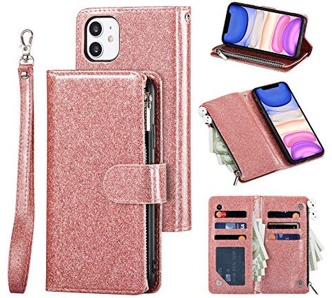 UEEBAI Wallet Case for iPhone 11 6.1 inch, Premium Glitter PU Leather Case Magnetic Closure Bling Handbag Zipper Pocket Case Kickstand Card Holder Slots Shockproof Flip Cover for iPhone 11 - Rose Gold