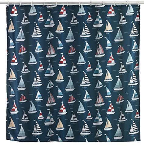 WENKO Rideau de douche original Regatta, Rideau de douche 180x200 cm, lavable en machine et waterproof, 12 anneaux rideau de douche en plastique blanc inclus, polyester, 180x200 cm, multicolore