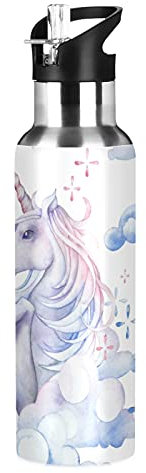 Vnurnrn Art Licorne Cheval Animal Bouteille d'eau Isotherme avec Paille en Acier Inoxydable Gourde 600ML, Sans Bpa Gourdes Eau pour Enfant Sport Randonnée École Bureau